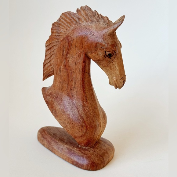 Hand Carved Horse Head Sculpture Handmade from Suar Wood, Delicate Bust Figurine - Picture 2 of 5